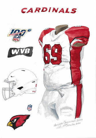 This is a framed original watercolor painting of the 2019 Arizona Cardinals uniform.