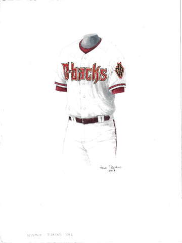 This is an original watercolor painting of the 2012 Arizona Diamondbacks uniform.