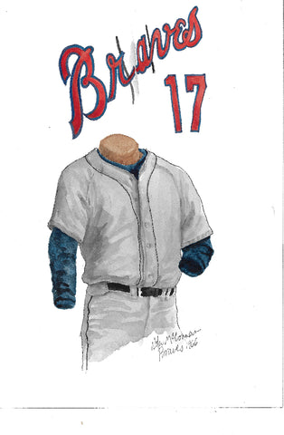 This is an original watercolor painting of the 1966 Atlanta Braves uniform.