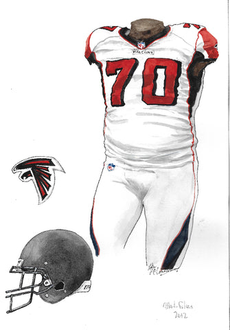 This is an original watercolor painting of the 2012 Atlanta Falcons uniform.