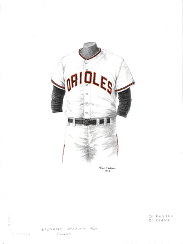 This is an original watercolor painting of the 1964 Baltimore Orioles uniform.