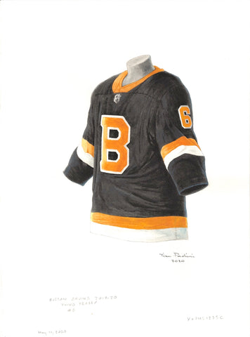 This is a framed original watercolor painting of the 2019-20 Boston Bruins jersey.