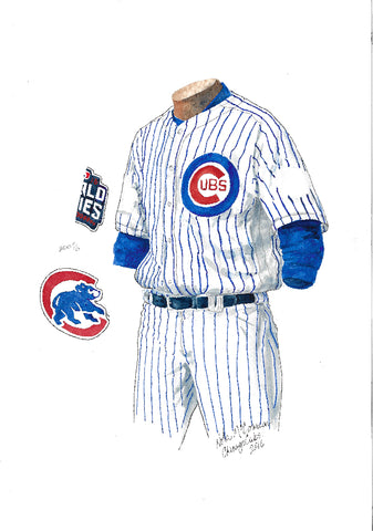 This is an original watercolor painting of the 2016 Chicago Cubs uniform.