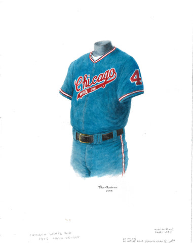 This is an original watercolor painting of the 1975 Chicago White Sox uniform.