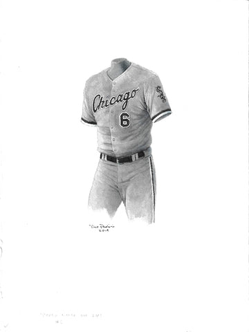This is an original watercolor painting of the 2012 Chicago White Sox uniform.