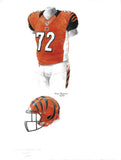 This is an original watercolor painting of the 2013 Cincinnati Bengals uniform.