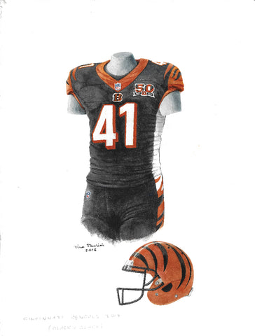 This is an original watercolor painting of the 2017 Cincinnati Bengals uniform.