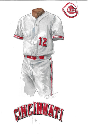 This is an original watercolor painting of the 2012 Cincinnati Reds uniform.