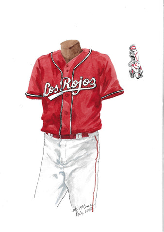This is an original watercolor painting of the 2018 Cincinnati Reds uniform.
