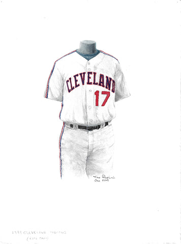 This is an original watercolor painting of the 1989 Cleveland Indians uniform.