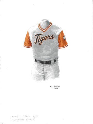 This is an original watercolor painting of the 2017 Detroit Tigers uniform.