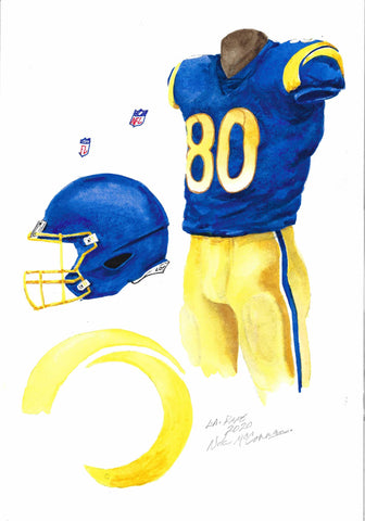This is a framed original watercolor painting of the 2020 Los Angeles Rams uniform.