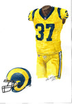 This is an original watercolor painting of the 2017 Los Angeles Rams uniform.