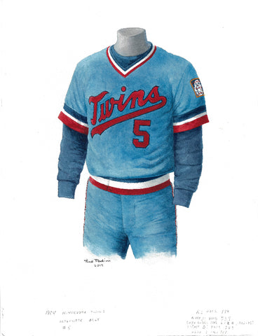 This is an original watercolor painting of the 1984 Minnesota Twins uniform.