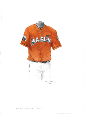 This is an original watercolor painting of the 2012 Miami Marlins uniform.