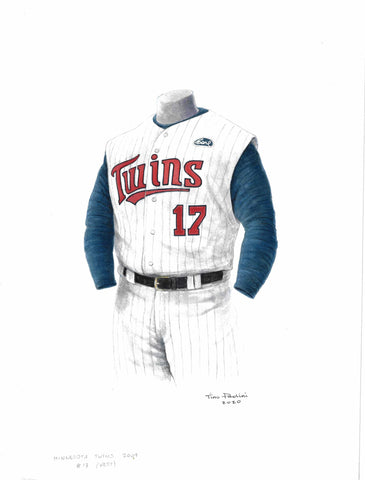 This is a framed original watercolor painting of the 2009 Minnesota Twins uniform.