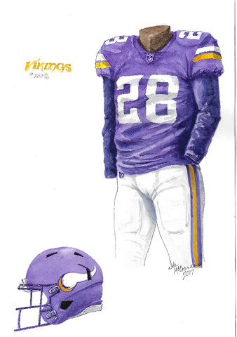 This is an original watercolor painting of the 2017 Minnesota Vikings uniform.