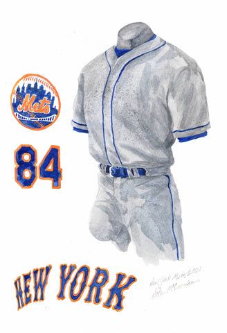 This is a framed original watercolor painting of the 2021 New York Mets uniform.