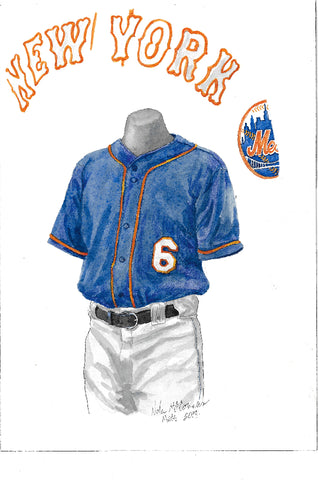 This is an original watercolor painting of the 2017 New York Mets uniform.
