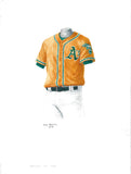 This is an original watercolor painting of the 2012 Oakland Athletics uniform.