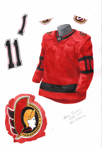 This is a framed original watercolor painting of the 2020-21 Ottawa Senators jersey.