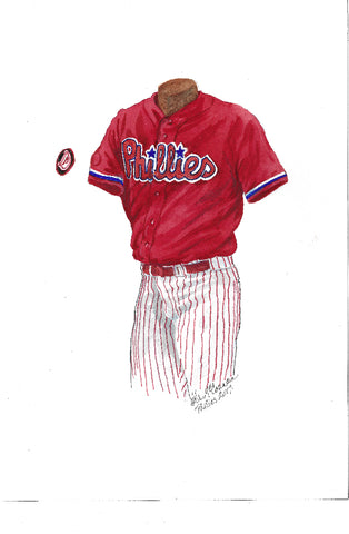This is an original watercolor painting of the 2017 Philadelphia Phillies uniform.