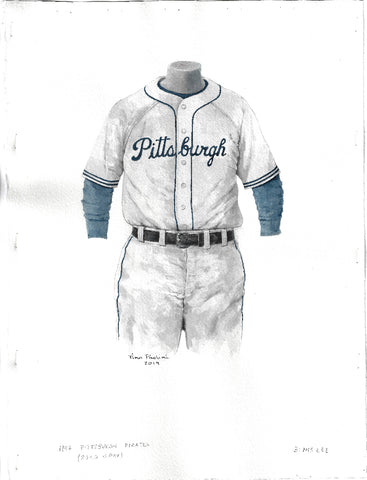 This is an original watercolor painting of the 1947 Pittsburgh Pirates uniform.