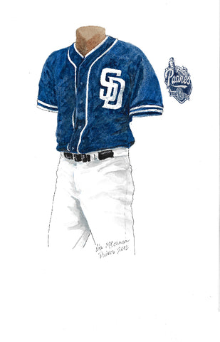 This is an original watercolor painting of the 2012 San Diego Padres uniform.