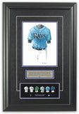 This is an original watercolor painting of the 2012 Tampa Bay Rays uniform.