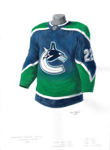 This is a framed original watercolor painting of the 2020-21 Vancouver Canucks jersey.