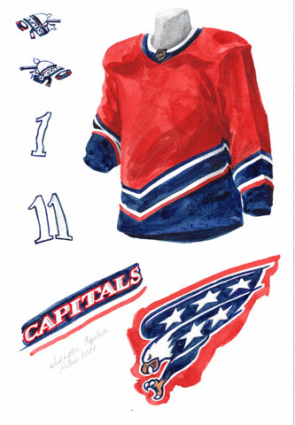 This is a framed original watercolor painting of the 2020-21 Washington Capitals jersey.