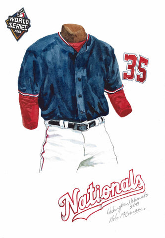 This is a framed original watercolor painting of the 2019 Washington Nationals uniform.
