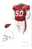 This is an original watercolor painting of the 2008 Arizona Cardinals uniform.