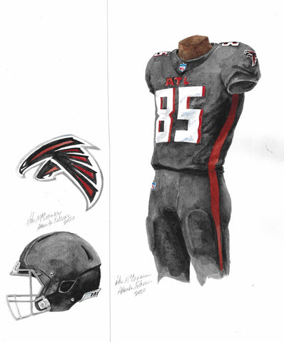 This is a framed original watercolor painting of the 2020 Atlanta Falcons uniform.