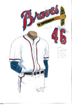 This is an original watercolor painting of the 1957 Atlanta Braves uniform.