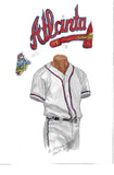 This is an original watercolor painting of the 1999 Atlanta Braves uniform.