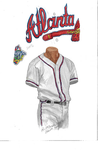 This is an original watercolor painting of the 1999 Atlanta Braves uniform.