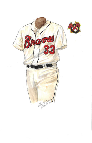 This is an original watercolor painting of the 2012 Atlanta Braves uniform.