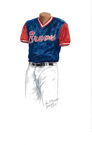 This is an original watercolor painting of the 2017 Atlanta Braves uniform.