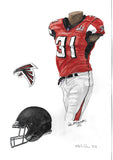 This is an original watercolor painting of the 2016 Atlanta Falcons uniform.
