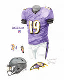 This is an original watercolor painting of the 2021 Baltimore Ravens uniform.