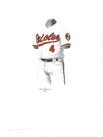 This is an original watercolor painting of the 2018 Baltimore Orioles uniform.