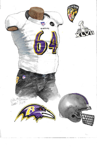 This is an original watercolor painting of the 2012 Baltimore Ravens uniform.