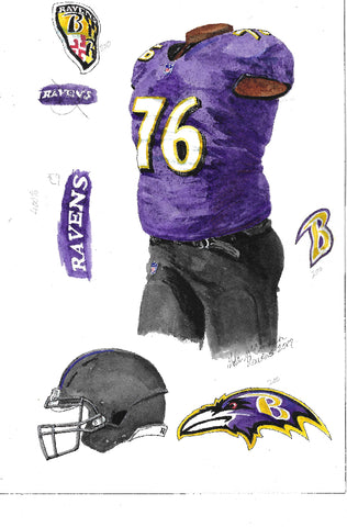 This is an original watercolor painting of the 2017 Baltimore Ravens uniform.