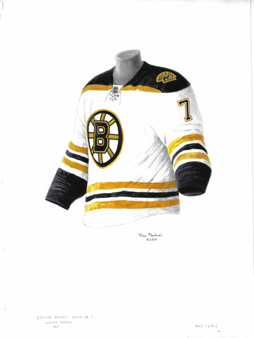 This is a framed original watercolor painting of the 2007-08 Boston Bruins jersey.