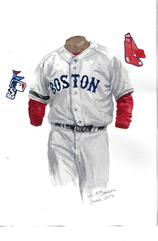 This is an original watercolor painting of the 2013 Boston Red Sox uniform.