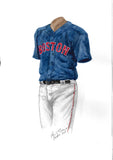 This is an original watercolor painting of the 2018 Boston Red Sox uniform.