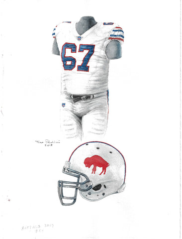 This is an original watercolor painting of the 2017 Buffalo Bills uniform.