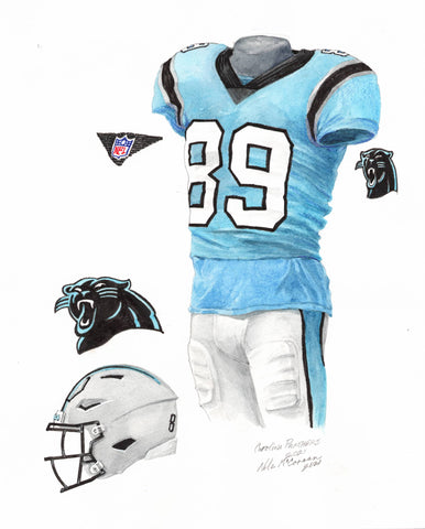 This is an original watercolor painting of the 2021 Carolina Panthers uniform.