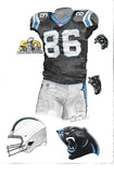 This is an original watercolor painting of the 2015 Carolina Panthers uniform.
